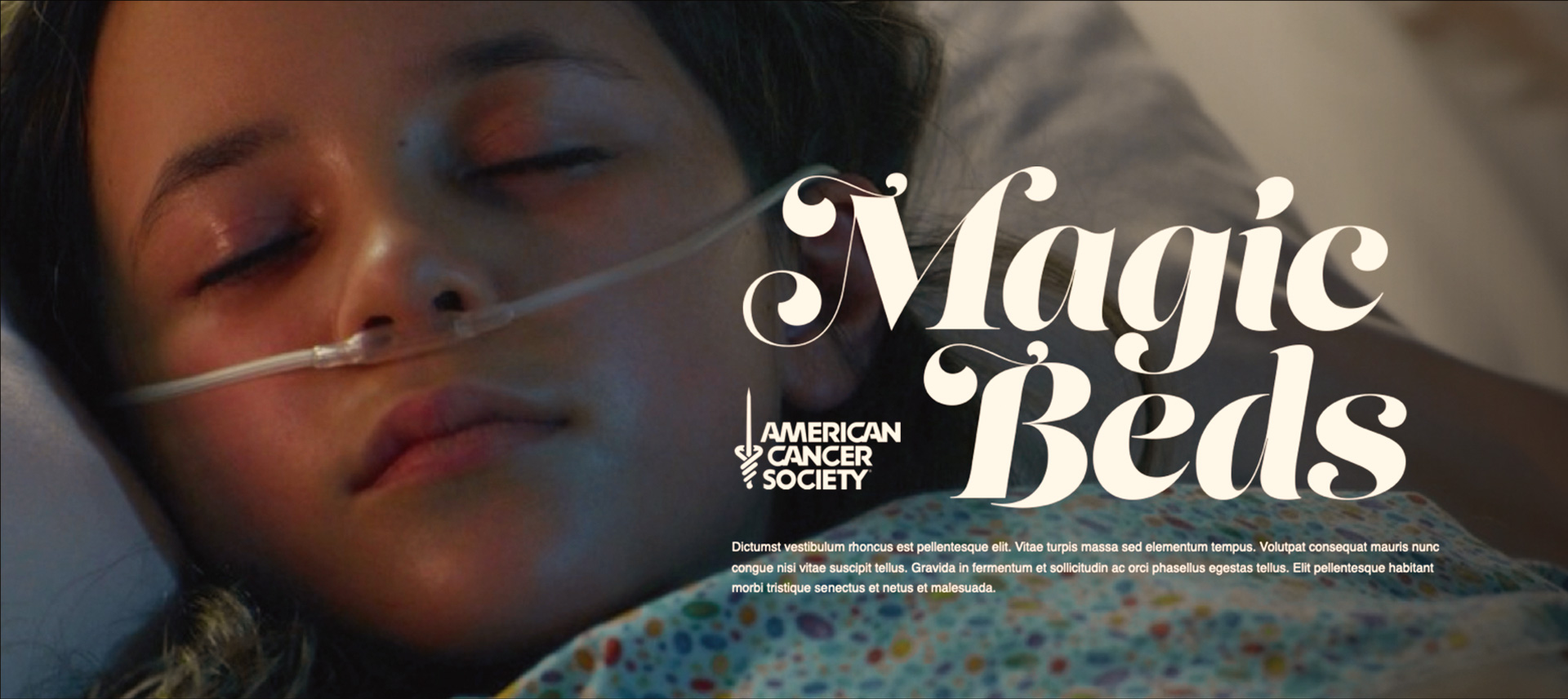 American Cancer Society TV commercial director treatment image of a child resting in a hospital bed, symbolizing care and hope
