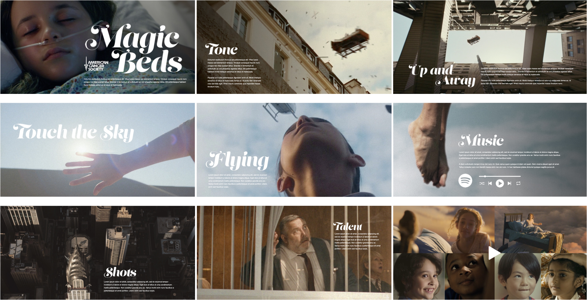American Cancer Society commercial director treatment pitch deck showing visual tone, flying hospital beds, music cues, talent references, and cinematic campaign imagery