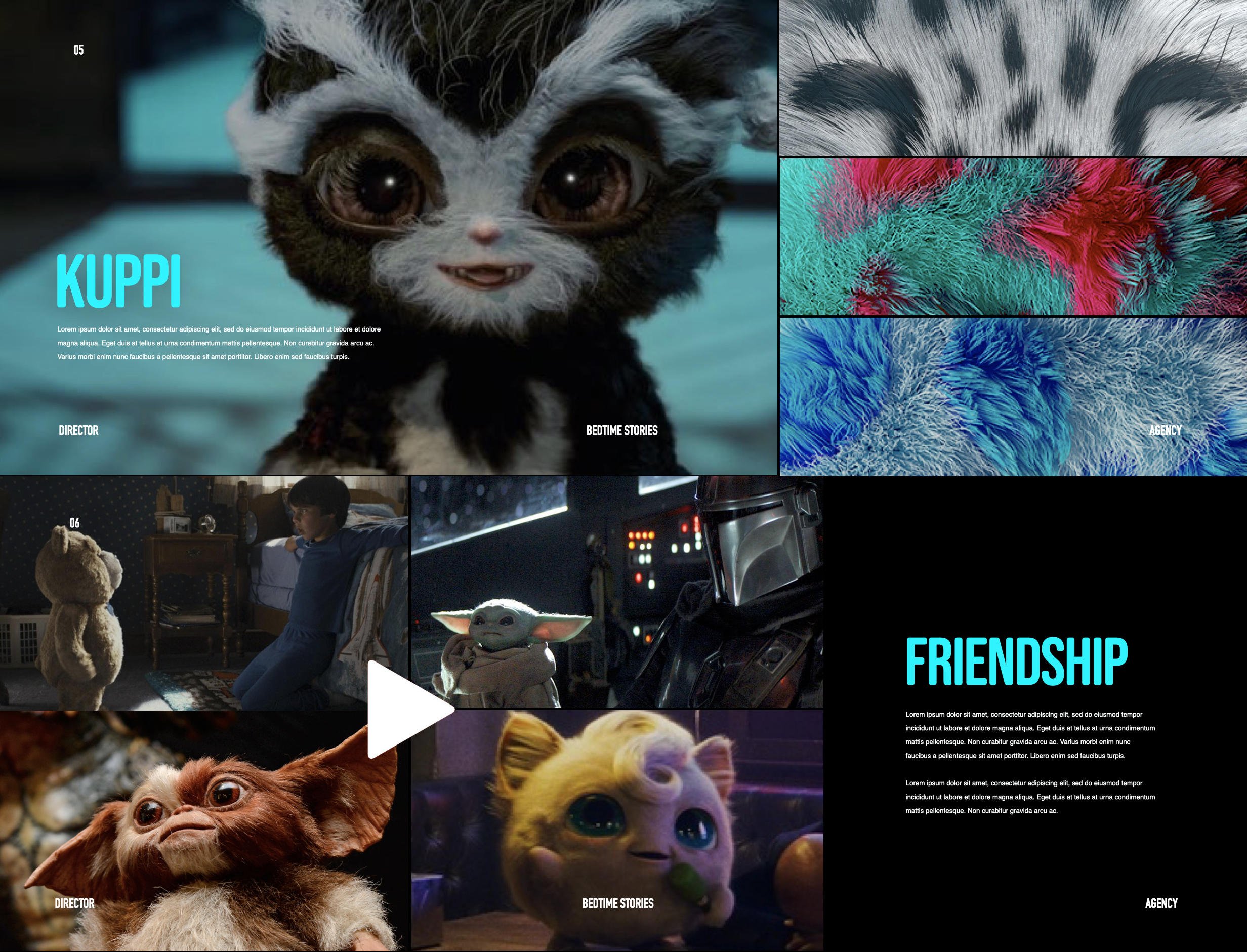 Character concept slide from an Echo Dot Kids TV commercial director treatment featuring a cute, cuddly creature with fur style references
