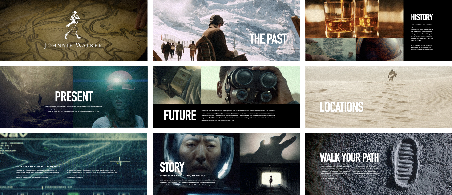 Johnnie Walker commercial director treatment frames exploring past, present, future, locations, and cinematic visual storytelling