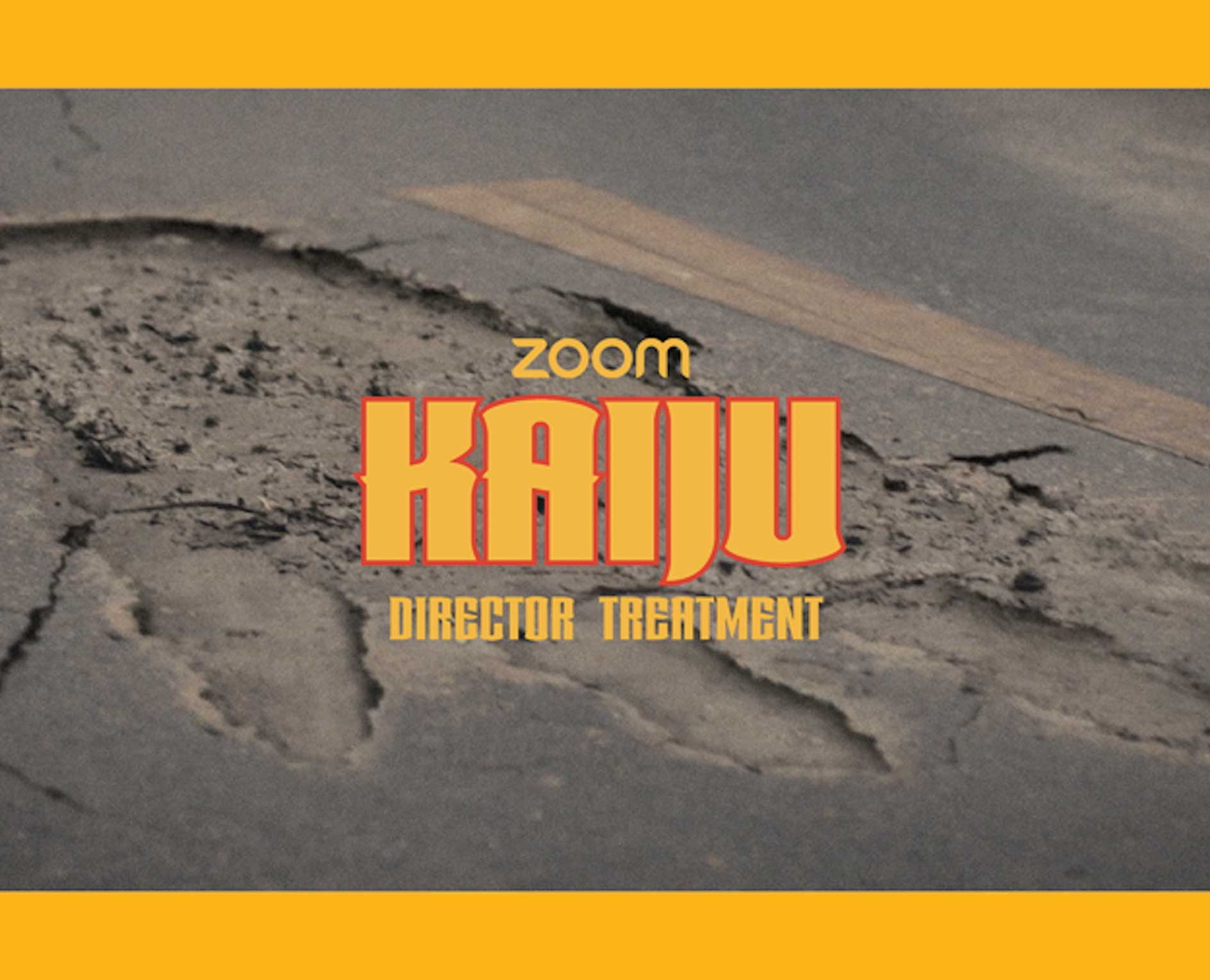 Zoom TV commercial director treatment pitch deck thumbnail featuring kaiju-style city destruction concept