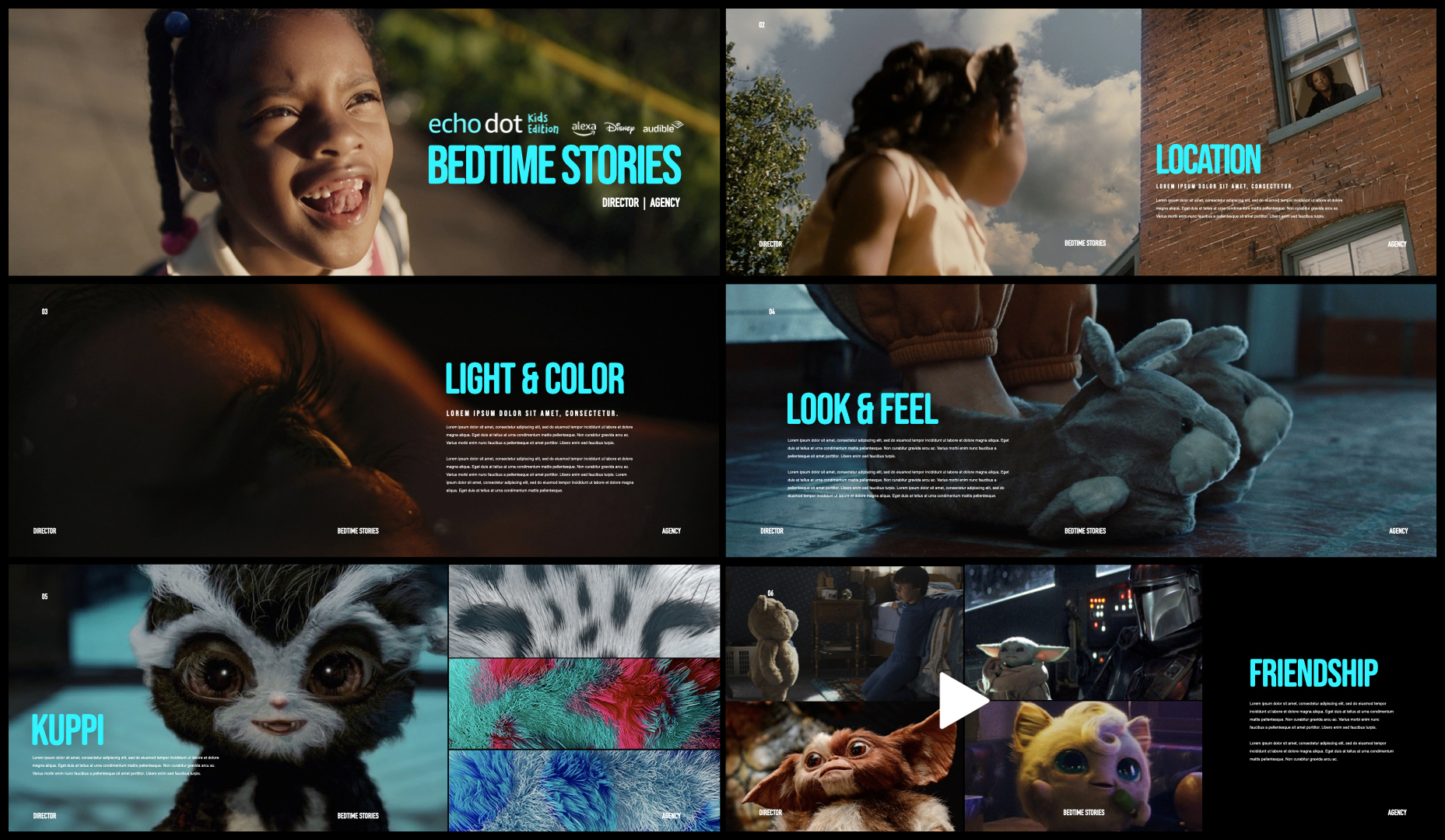 Director treatment pitch deck layout for an Echo Dot TV commercial, showcasing visual tone, color, locations, and character moments