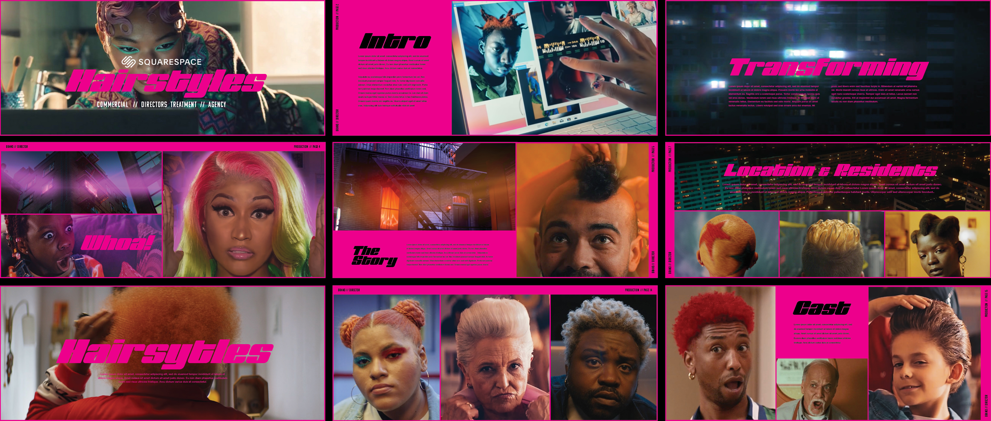 Squarespace TVC director treatment pitch deck featuring bold hairstyles and makeover transformations