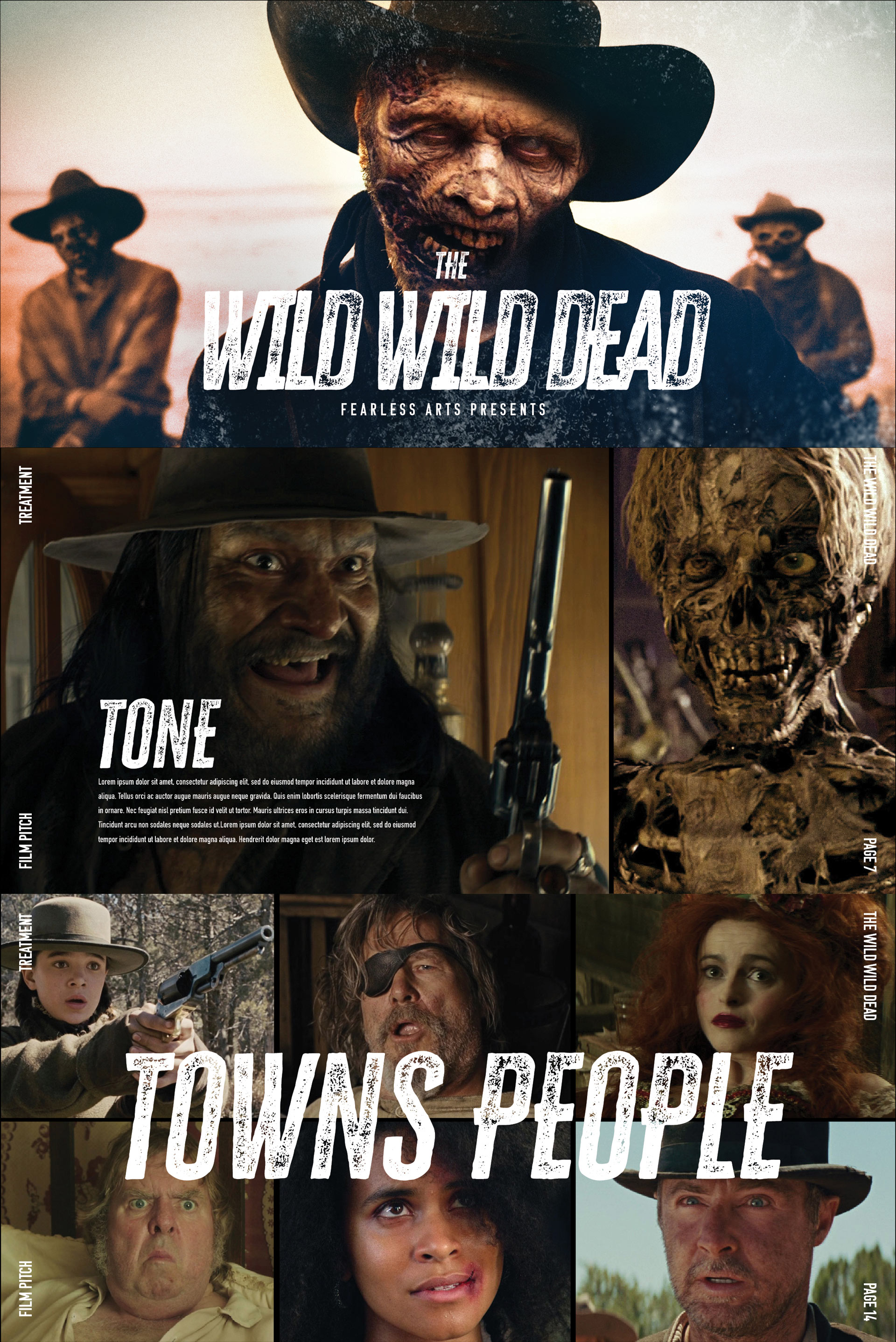 Zombie western movie pitch deck design featuring cinematic character boards and tone frames, showcasing genre-blending visual development and director treatment layout for filmmakers and producers
