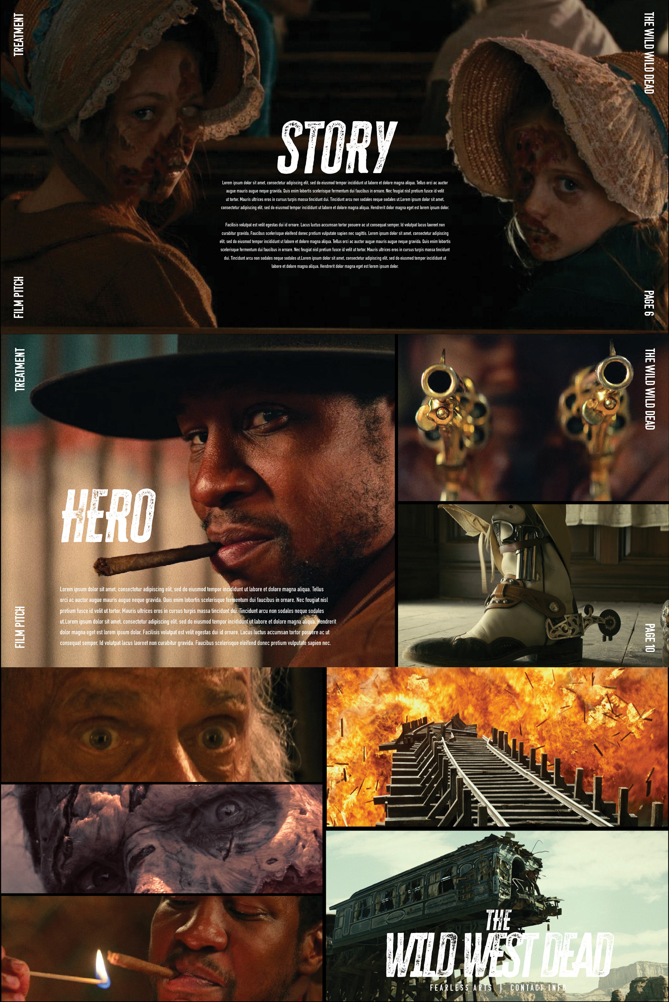 Zombie western movie pitch deck design featuring character-focused director treatment layouts that define tone, genre, and cinematic visual direction for filmmakers