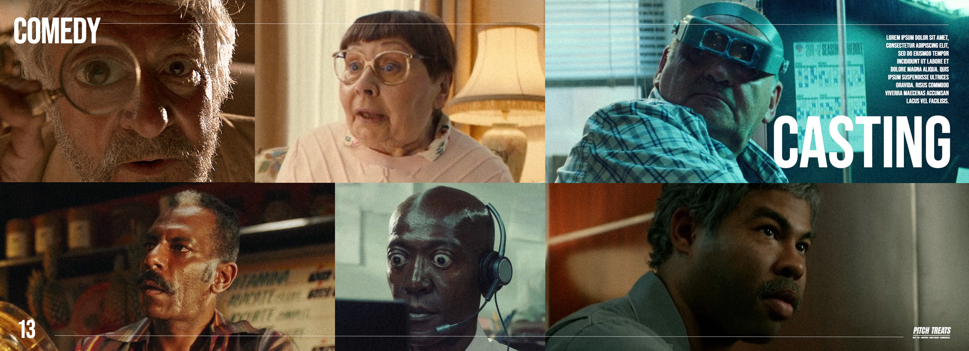 Casting reference slide from a movie pitch deck showing character types and performance tone used to help producers visualize casting choices during the film pitch process.