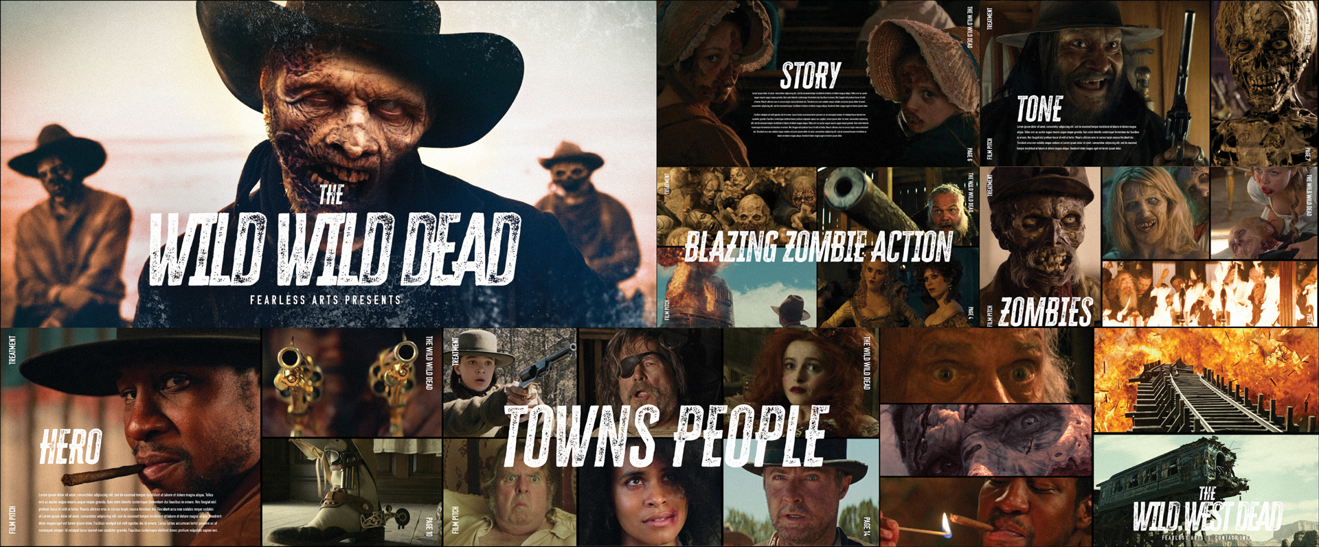 Visual research image deck for a zombie western film pitch deck, showing tone, story, characters, and cinematic references used in director treatments and post-production visual development.