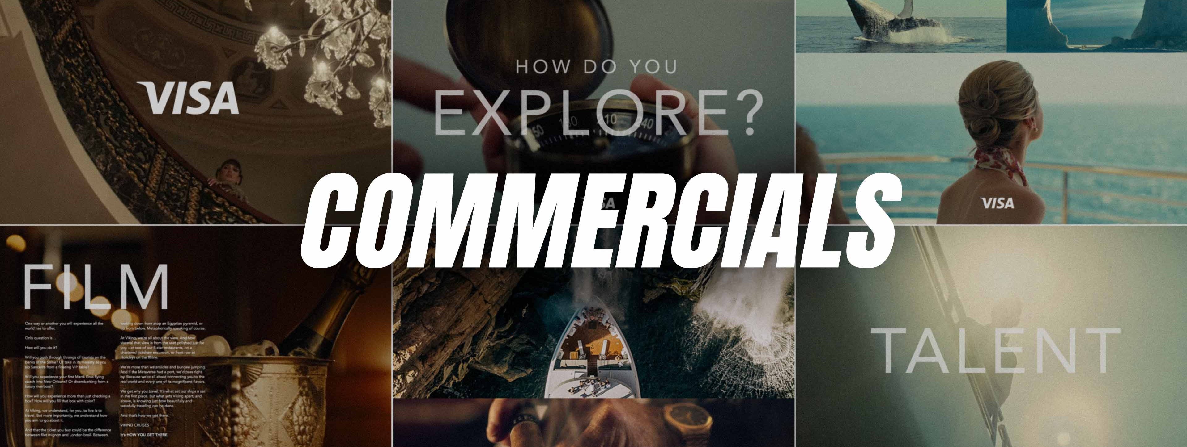 TV Commercial Director Treatment Design Services Hero IMage TV commercial director treatment design collage showing cinematic brand visuals, commercial pitch deck layouts, production style, locations, and talent references