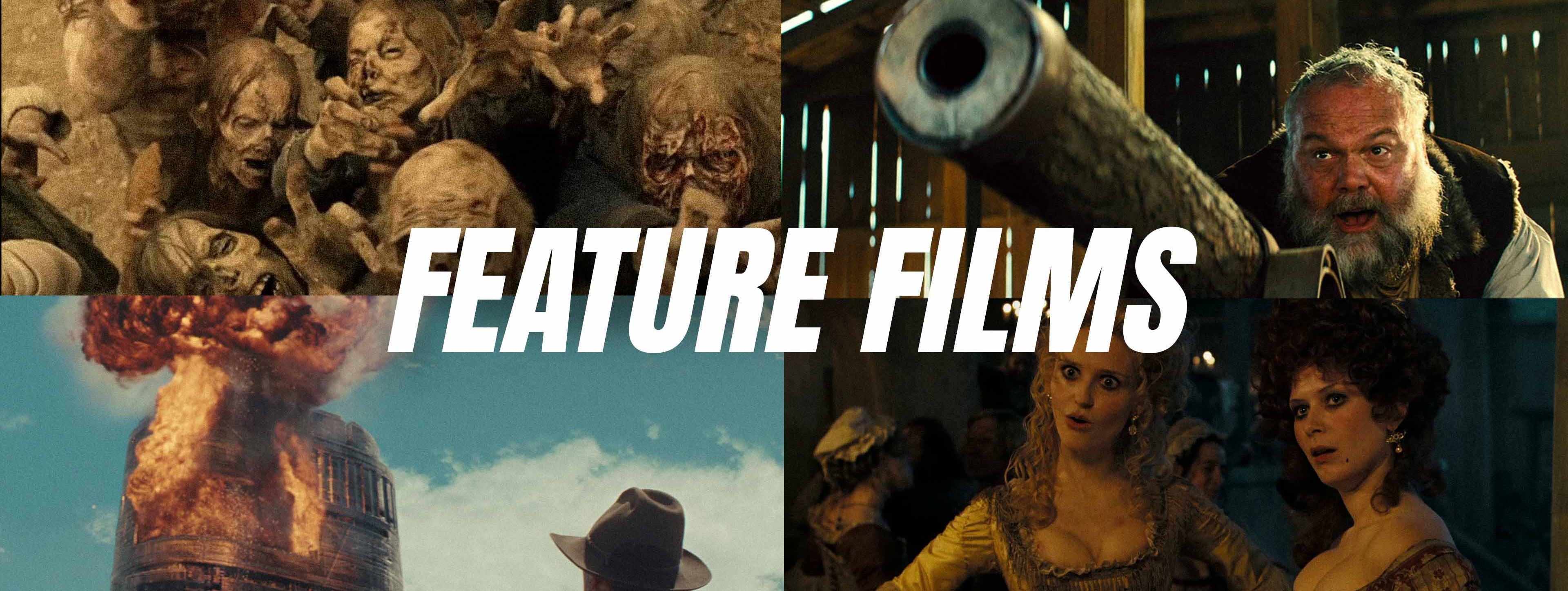 Feature Film Pitch Deck Design Services Hero Image Feature film pitch deck design collage showing cinematic genre, action, characters, and tone for filmmakers pitching movies to producers and studios