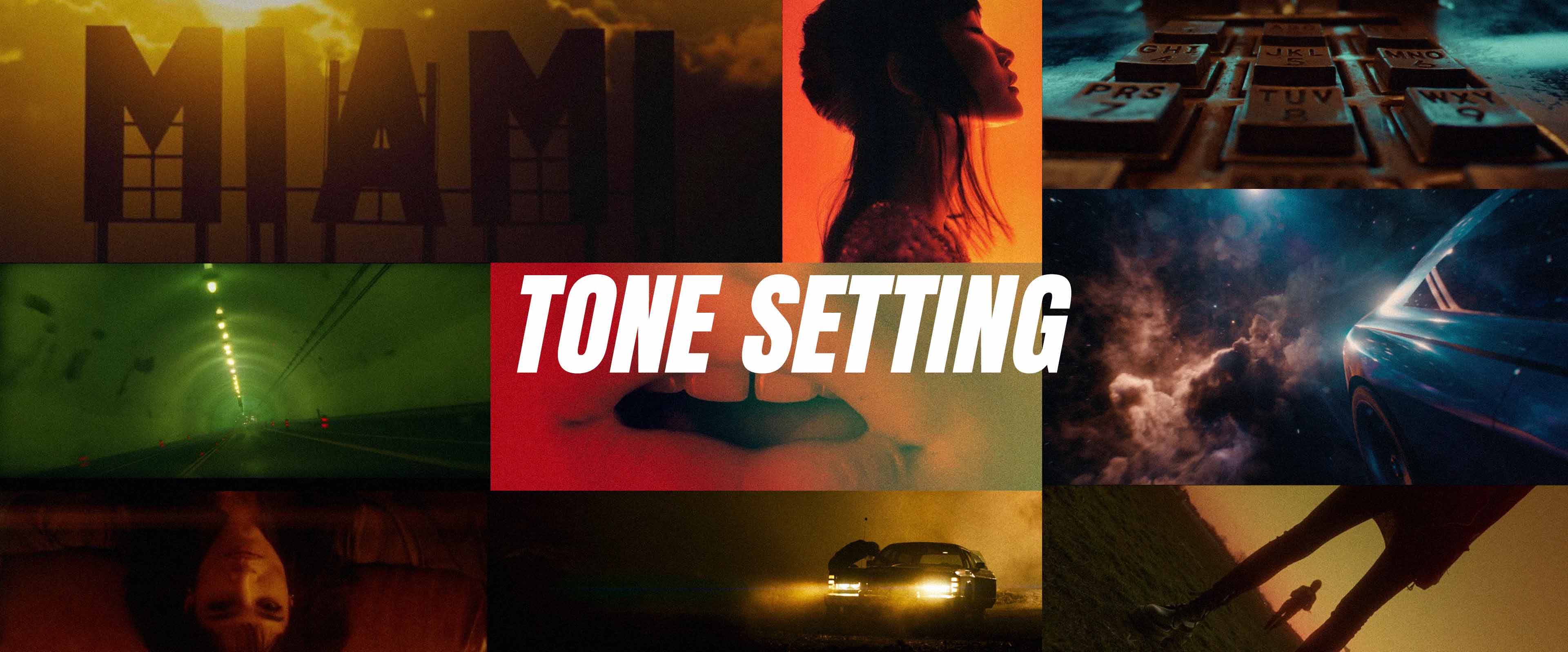 Tone setting visual research collage showing cinematic color, lighting, mood, atmosphere, and style references used in film pitch decks and director treatments