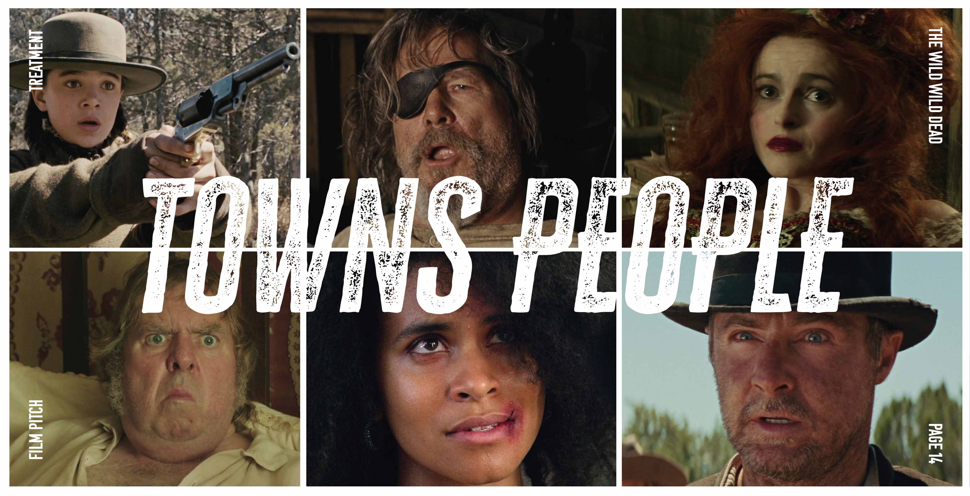 TV show bible character profile layout showing townspeople, cast references, genre tone, and character visuals for a series pitch deck