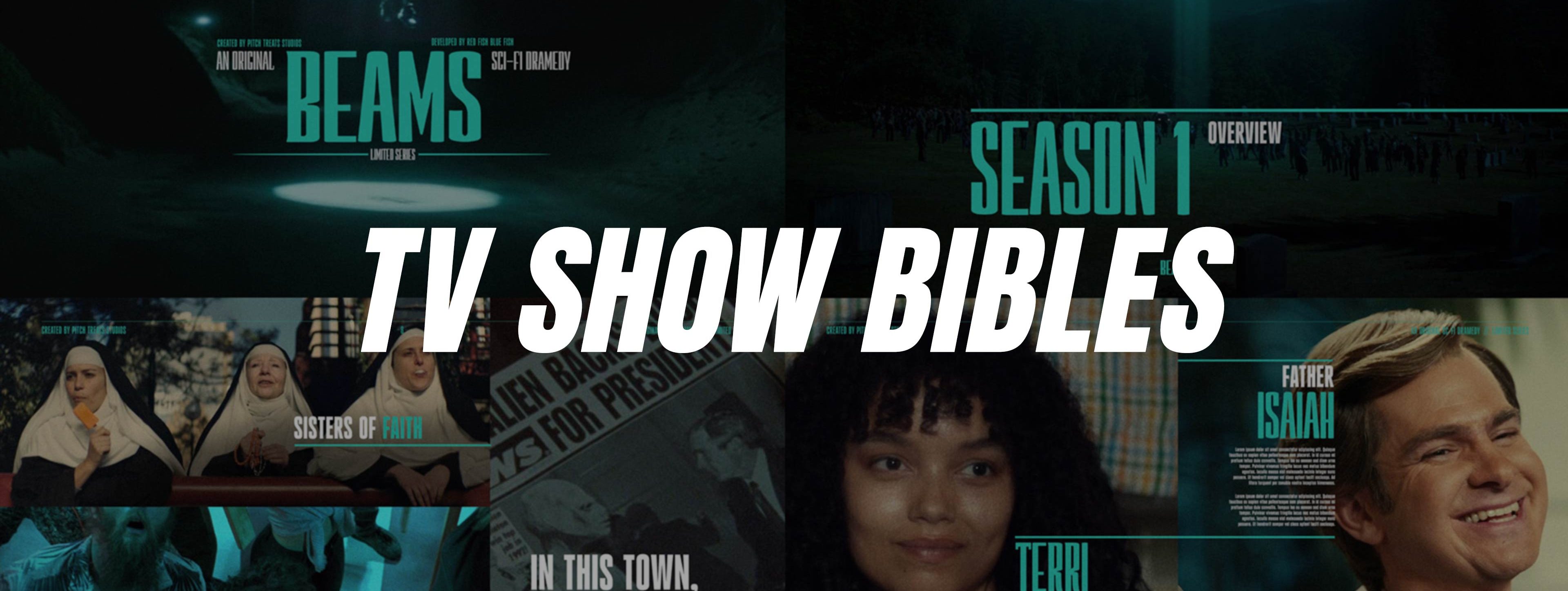 TV Show Bible Design Services Hero Image TV show bible design hero image showing a sci-fi series pitch deck with season overview, character profiles, episode concepts, and visual tone