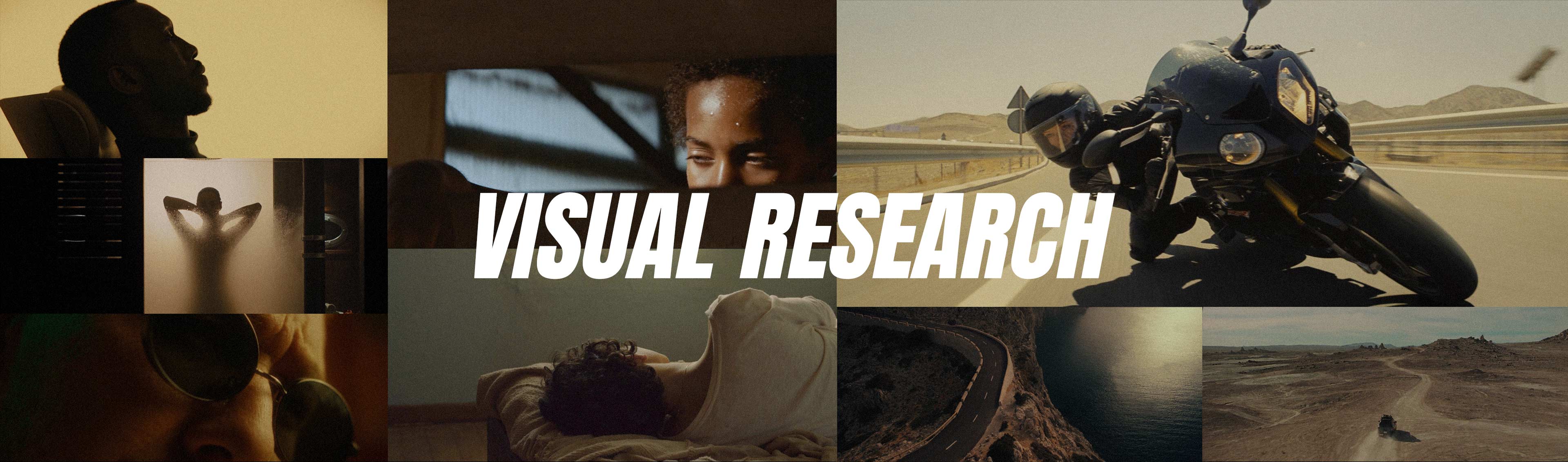 Cinematic visual research collage illustrating tone, movement, and perspective used in film pitch decks to guide directing and post-production decisions.