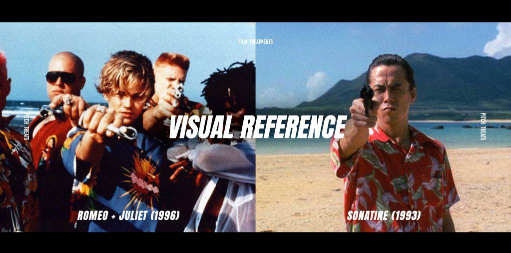 Visual reference slide comparing cinematic style, wardrobe, framing, and attitude from Romeo and Juliet and Sonatine for a film pitch deck