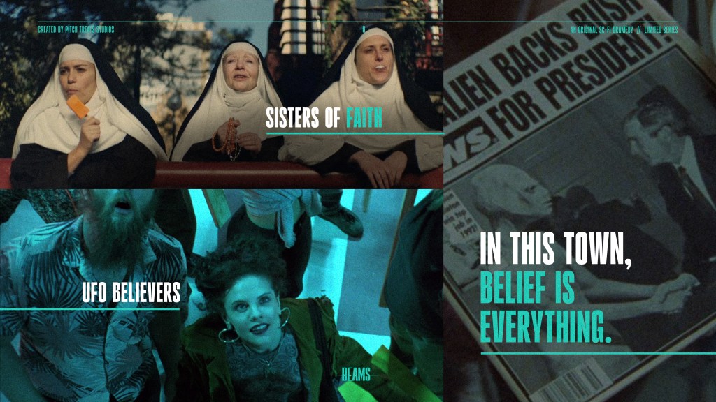 Sci-fi dramedy TV show bible world-building slide showing UFO believers, faith groups, local newspaper imagery, and community tone
